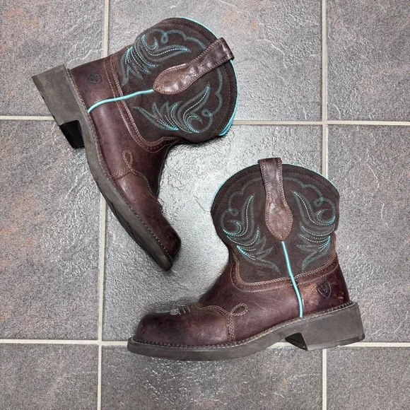 Ariat Brown Leather Western Heeled Boots with Turquoise Stitching - Picture 14 of 16